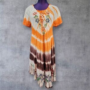 Laddi Tie Dye Embroidered Dress One Size Fit All Boho Hippie W30